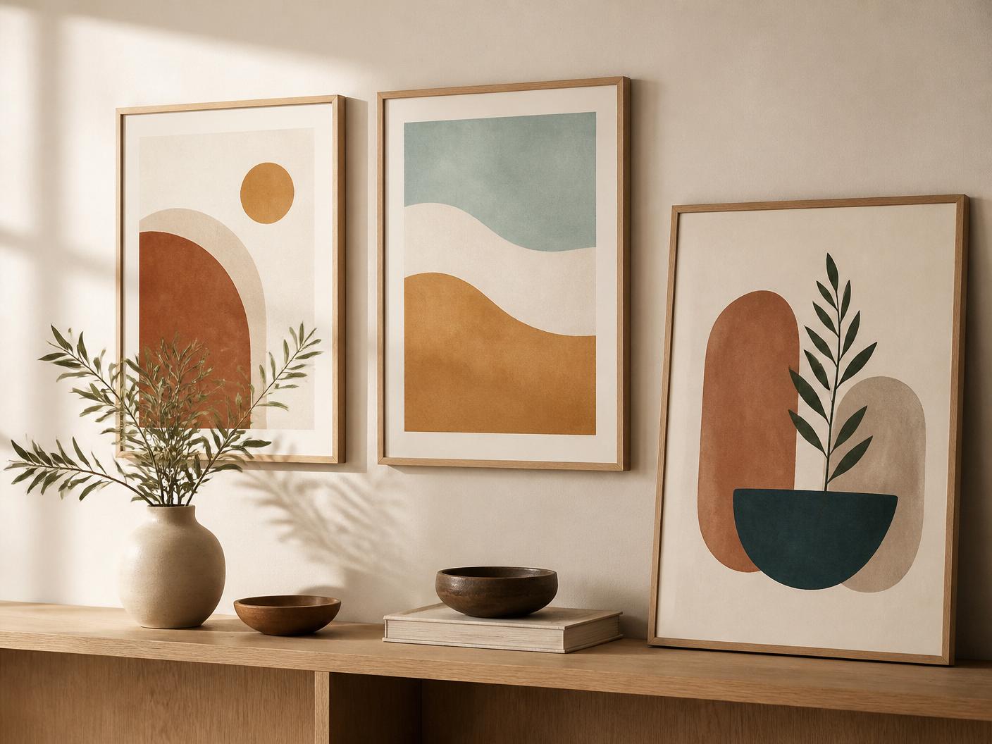 Tre stampe artistiche incorniciate appoggiate su una mensola in legno chiaro